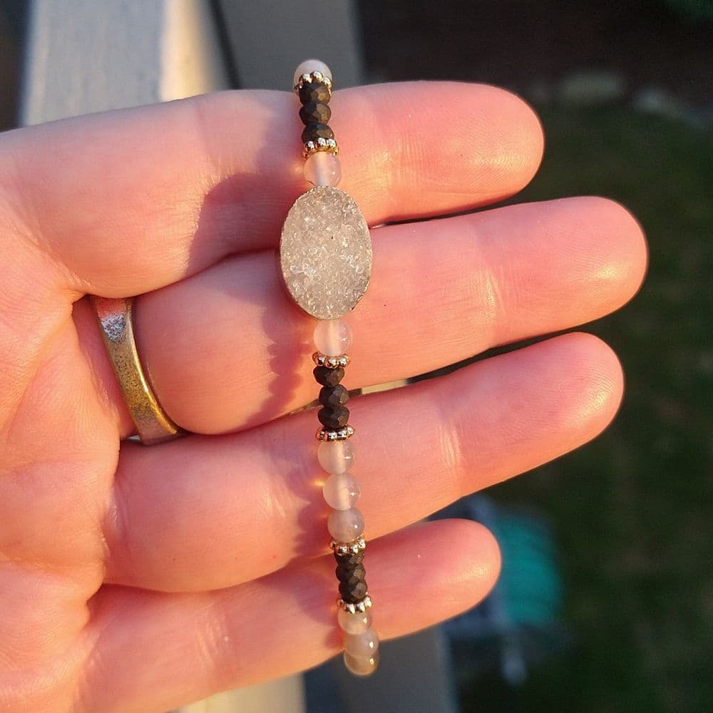 Semi-Precious Stone Beaded Stretch Bracelet with Druzy Center - Thumbnail 12