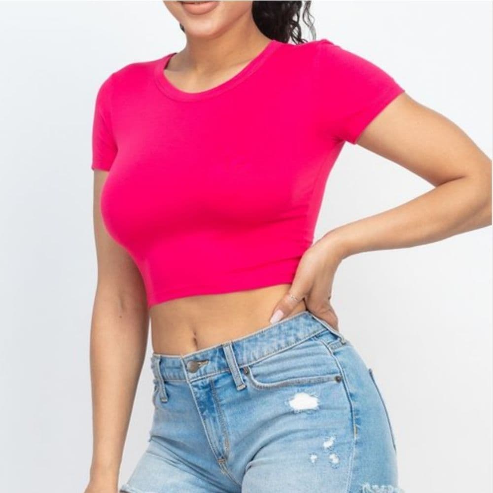 Basic Fuchsia Pink Stretchy Crop Top Tee