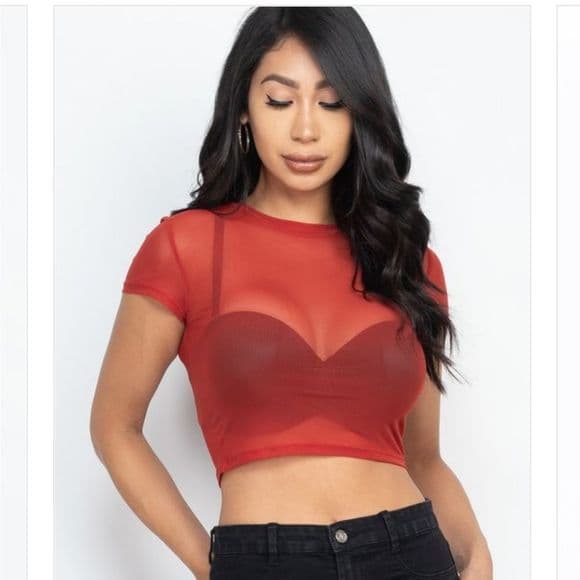 Olive Green Red And Burgundy Short Sleeve Sheer Sexy Crop Top - Thumbnail 14