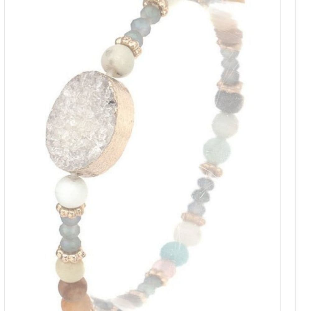 Semi-Precious Stone Beaded Stretch Bracelet with Druzy Center - Thumbnail 3