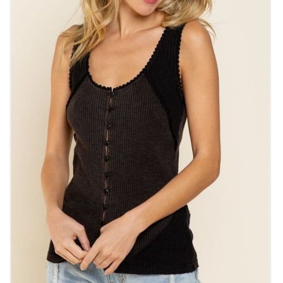 POL Charcoal Black Button Up Ribbed Knot Tank - Thumbnail 8