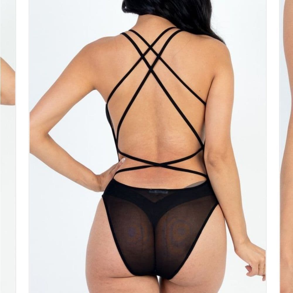 Sexy Black Stretchy Poly Mesh Jersey Crisscross Backless Body Suit - Thumbnail 3
