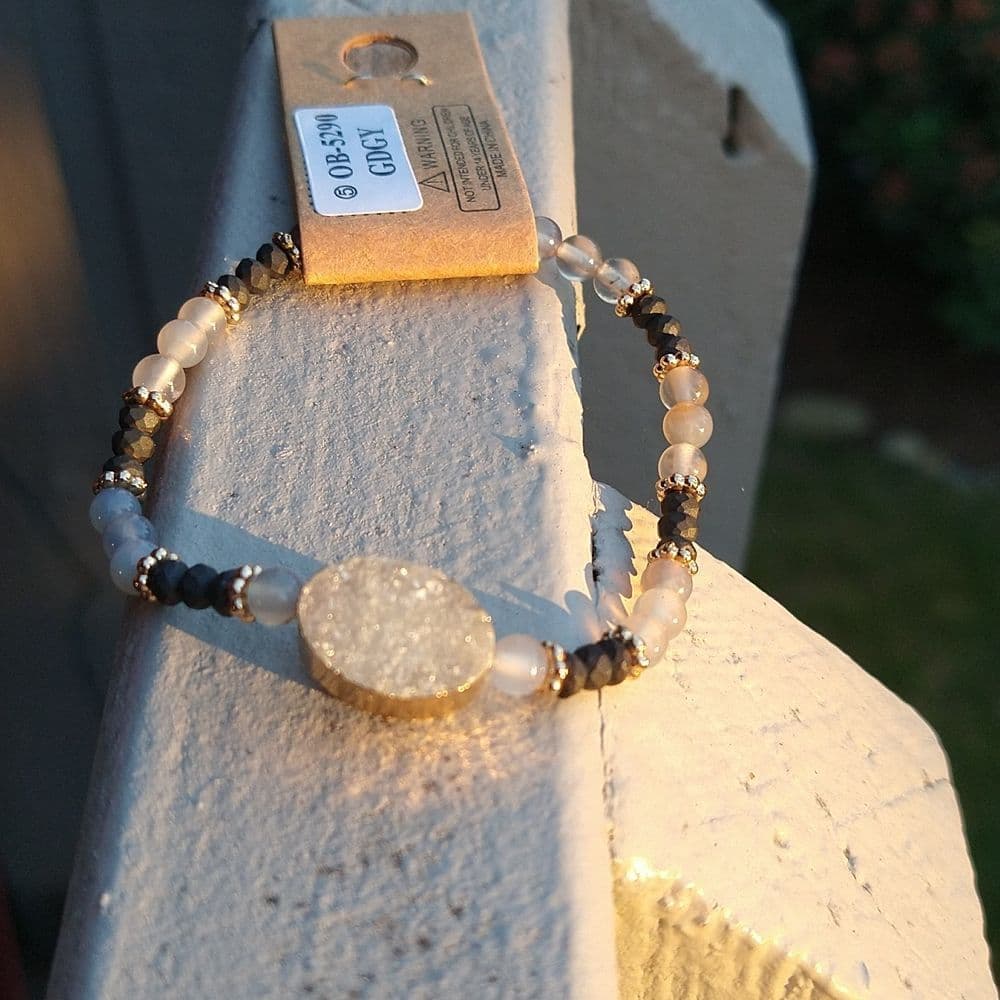 Semi-Precious Stone Beaded Stretch Bracelet with Druzy Center - Thumbnail 14
