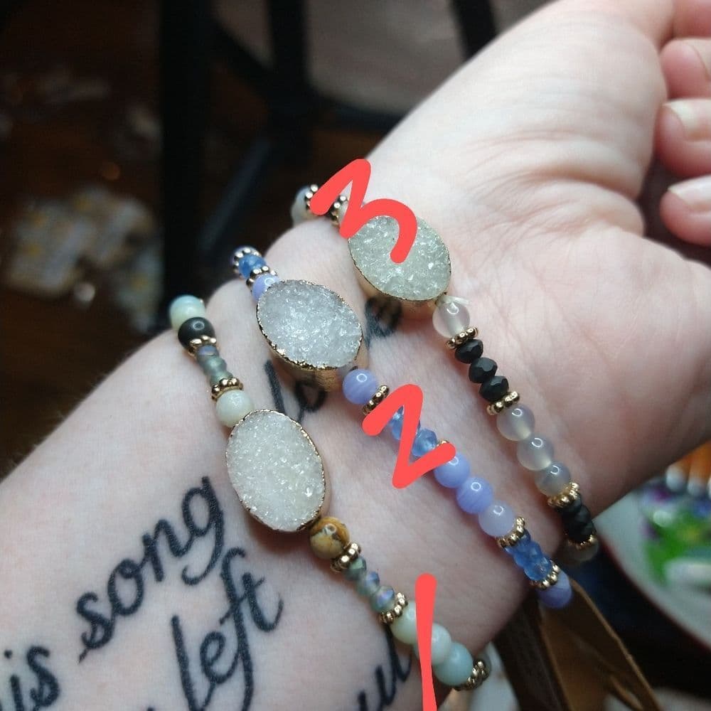 Semi-Precious Stone Beaded Stretch Bracelet with Druzy Center - Thumbnail 15