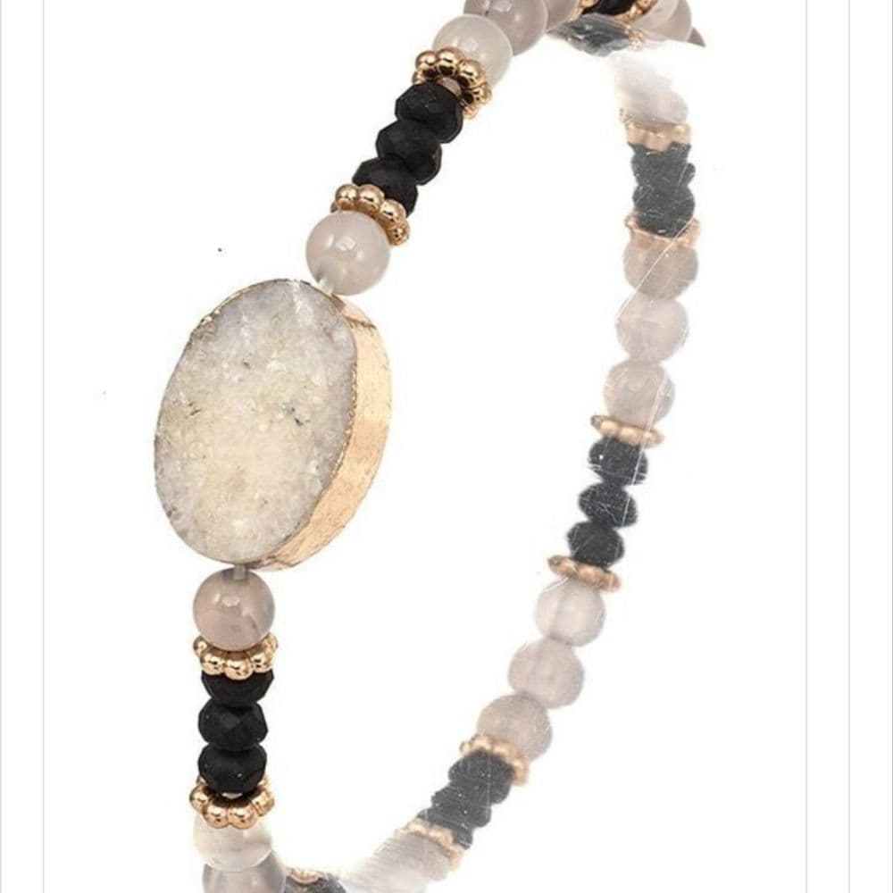 Semi-Precious Stone Beaded Stretch Bracelet with Druzy Center - Thumbnail 2