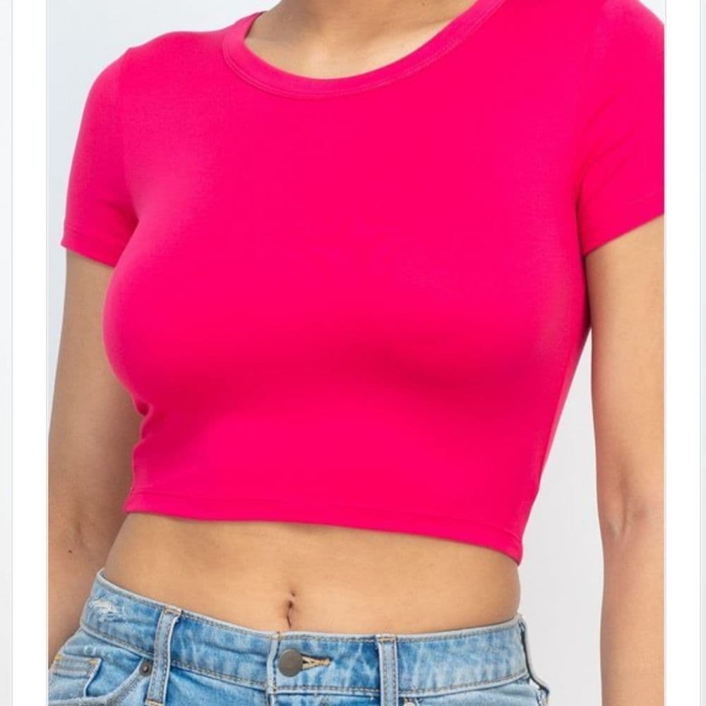 Basic Fuchsia Pink Stretchy Crop Top Tee - Thumbnail 8