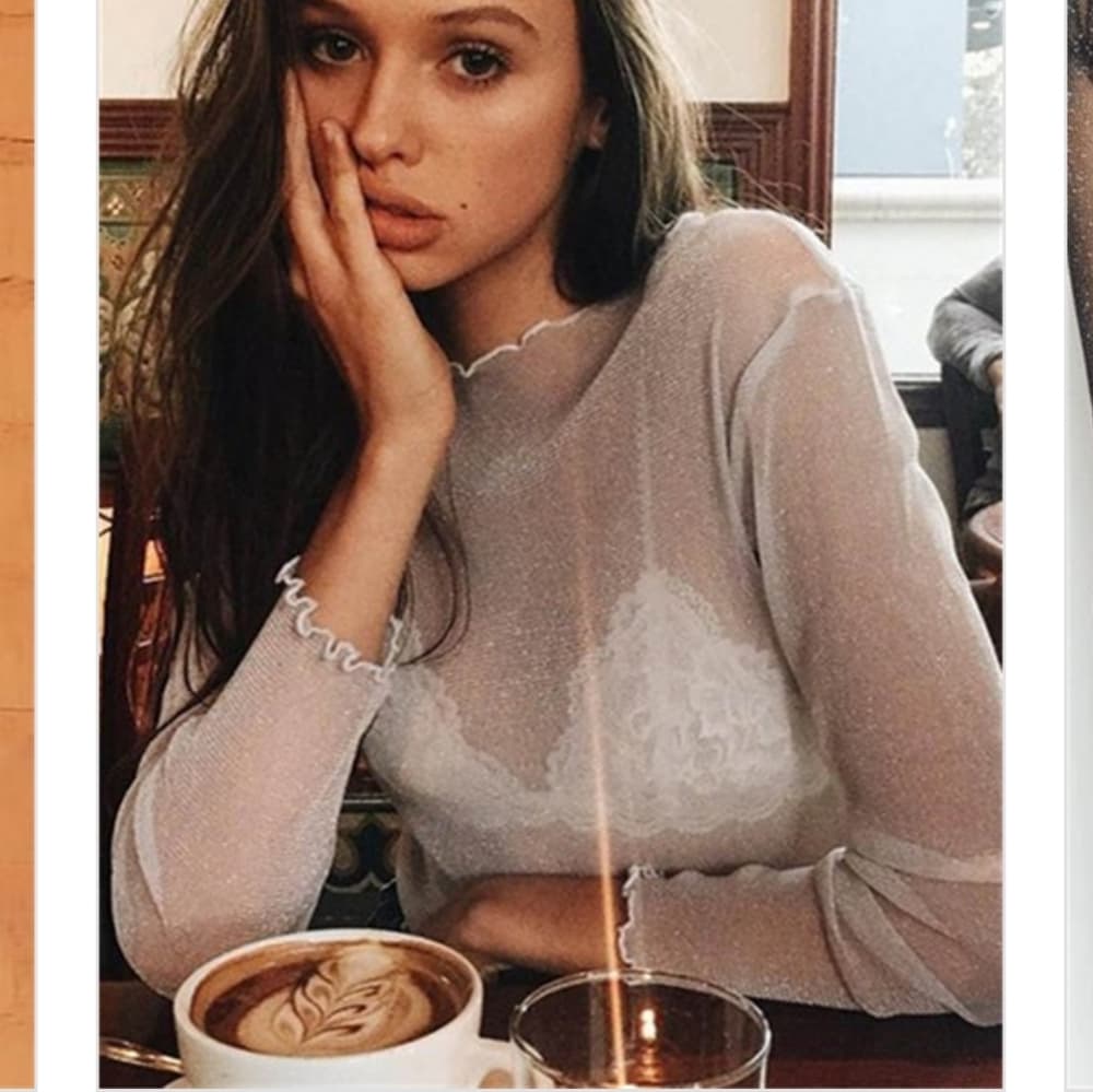 Sheer Black or White Sexy Sparkle Shimmer Sheer White Long Sleeve Top - Thumbnail 4