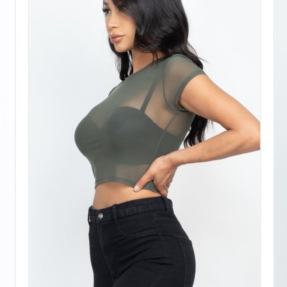 Olive Green Red And Burgundy Short Sleeve Sheer Sexy Crop Top - Thumbnail 2