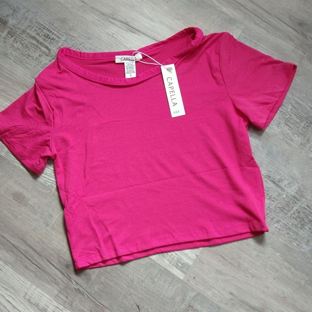 Basic Fuchsia Pink Stretchy Crop Top Tee - Thumbnail 4