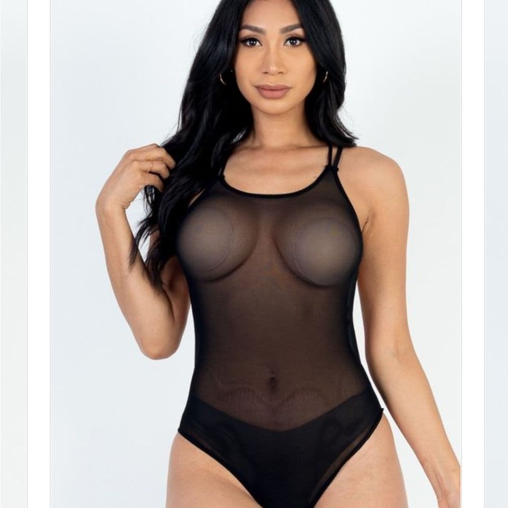 Sexy Black Stretchy Poly Mesh Jersey Crisscross Backless Body Suit