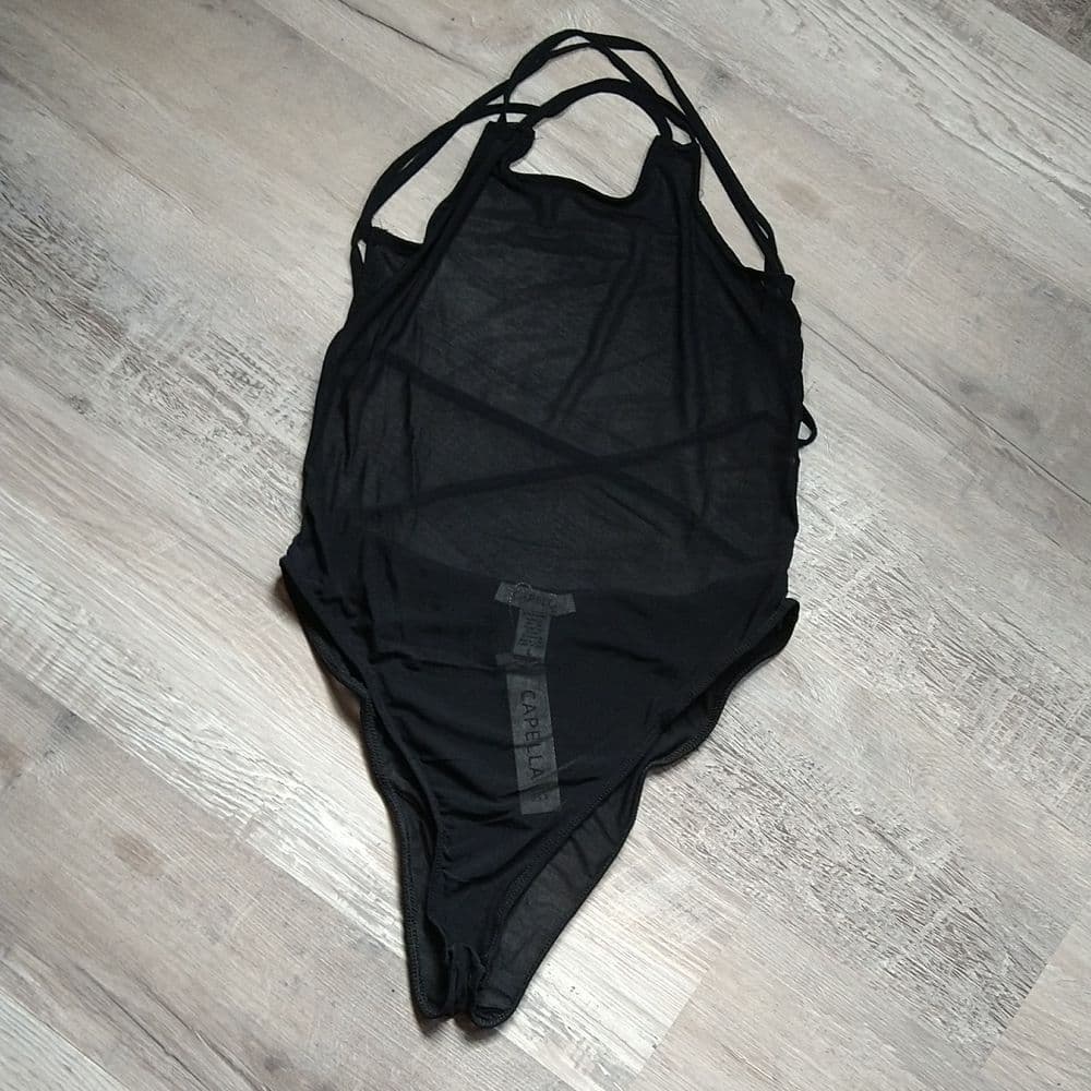 Sexy Black Stretchy Poly Mesh Jersey Crisscross Backless Body Suit - Thumbnail 4