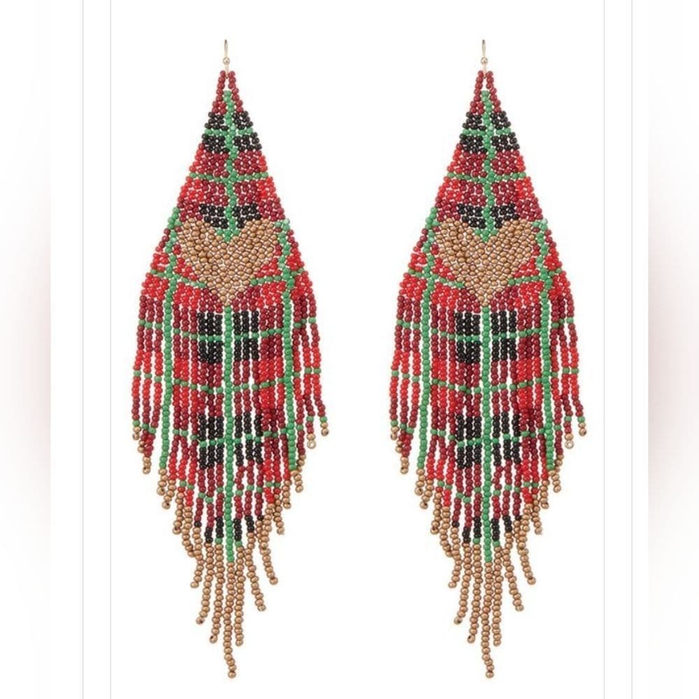 Festive Plaid Gold Heart Oversized Seed Bead Fringed Earrings - Thumbnail 2