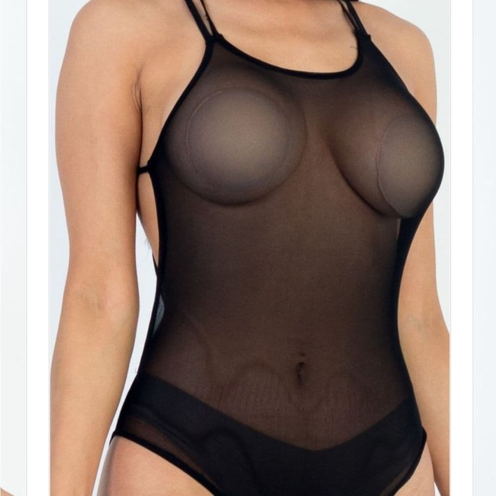 Sexy Black Stretchy Poly Mesh Jersey Crisscross Backless Body Suit - Thumbnail 2