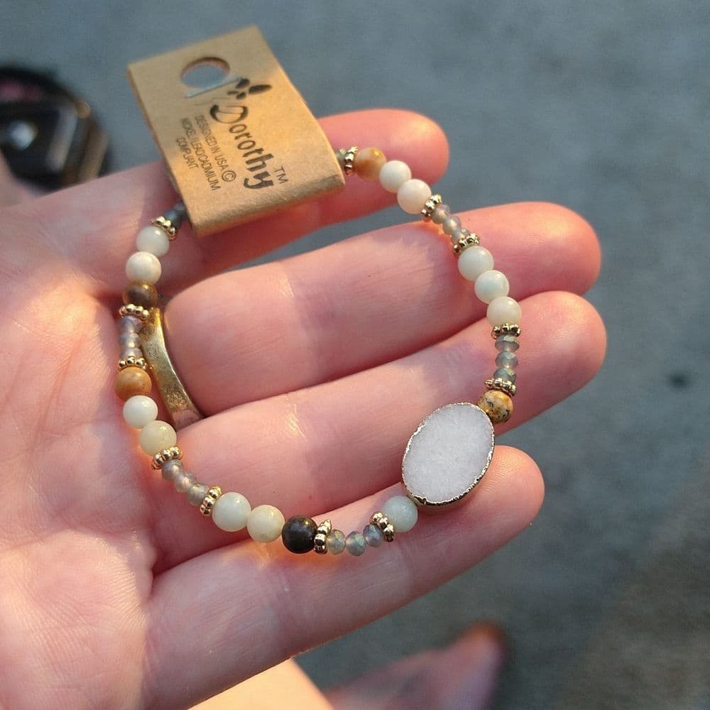 Semi-Precious Stone Beaded Stretch Bracelet with Druzy Center - Thumbnail 5