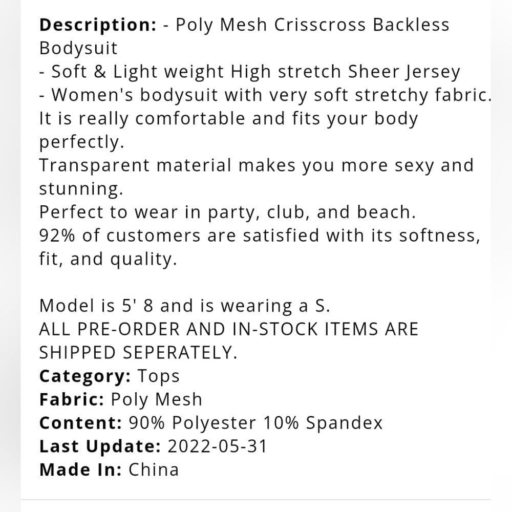 Sexy Black Stretchy Poly Mesh Jersey Crisscross Backless Body Suit - Thumbnail 10
