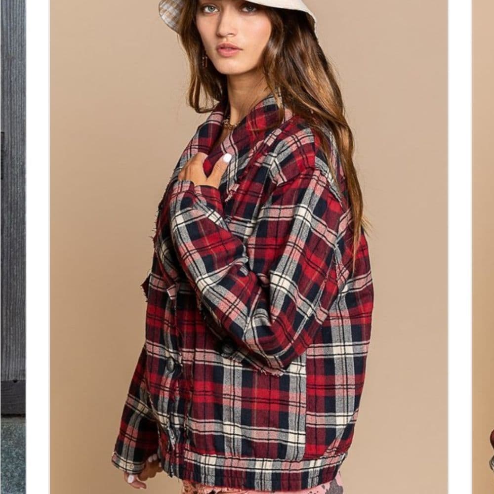 Red and Black Plaid Oversized Fit Frayed Quilted POL Jacket - Thumbnail 2