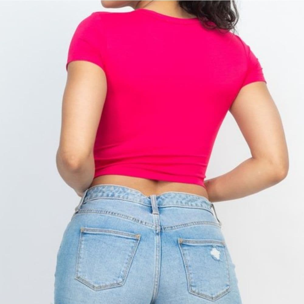 Basic Fuchsia Pink Stretchy Crop Top Tee - Thumbnail 2