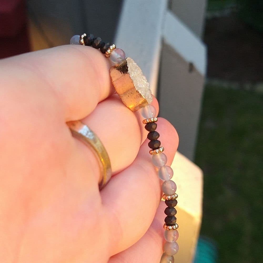 Semi-Precious Stone Beaded Stretch Bracelet with Druzy Center - Thumbnail 13