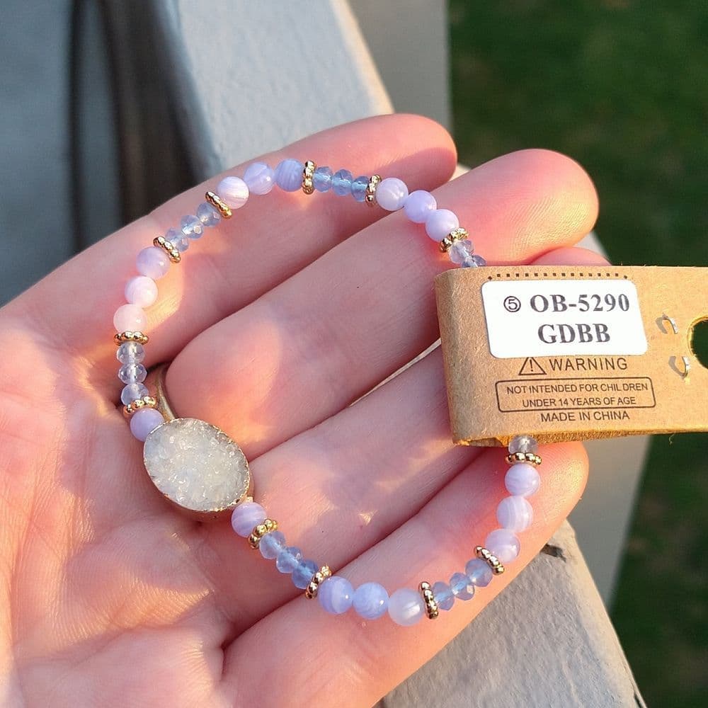 Semi-Precious Stone Beaded Stretch Bracelet with Druzy Center - Thumbnail 10