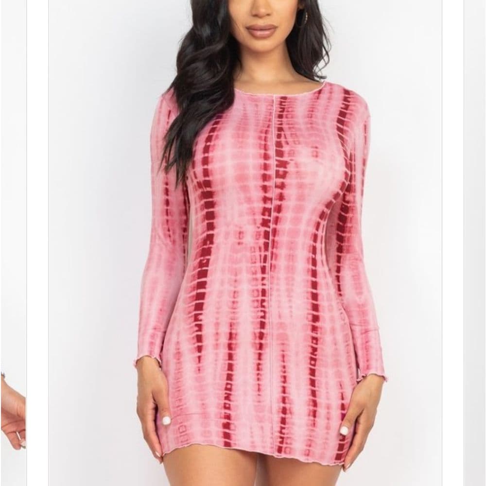 Burgundy Tie-dye Printed Body Con Mini Dress - Thumbnail 9