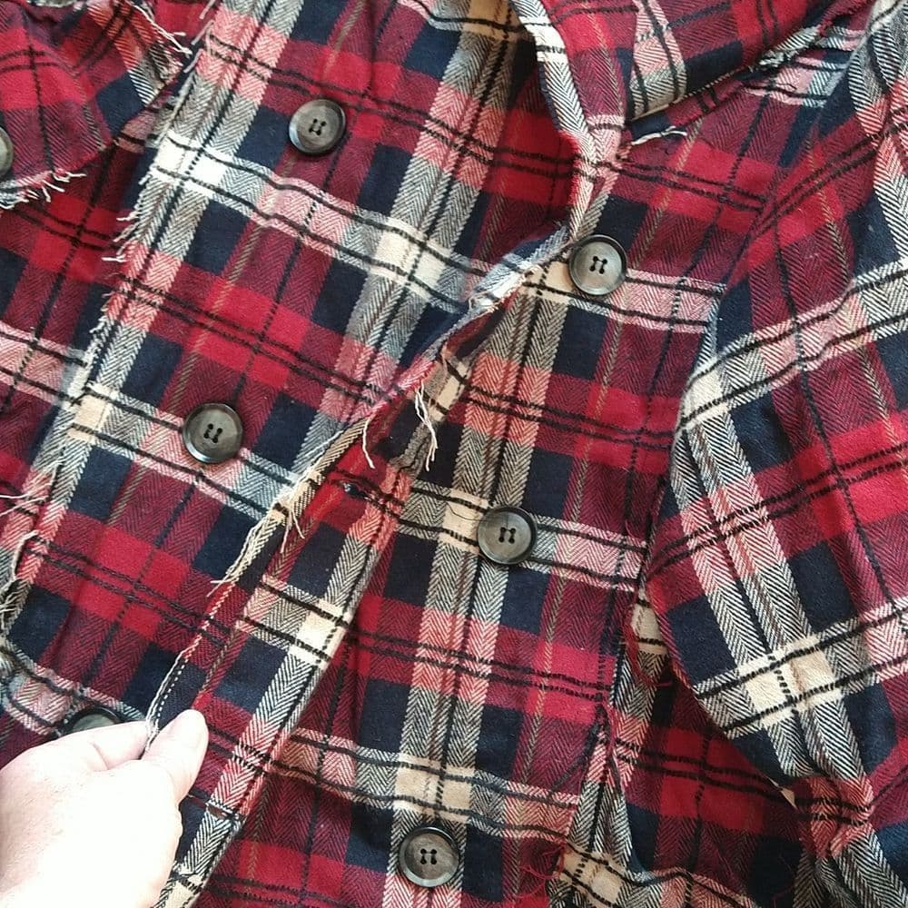 Red and Black Plaid Oversized Fit Frayed Quilted POL Jacket - Thumbnail 9