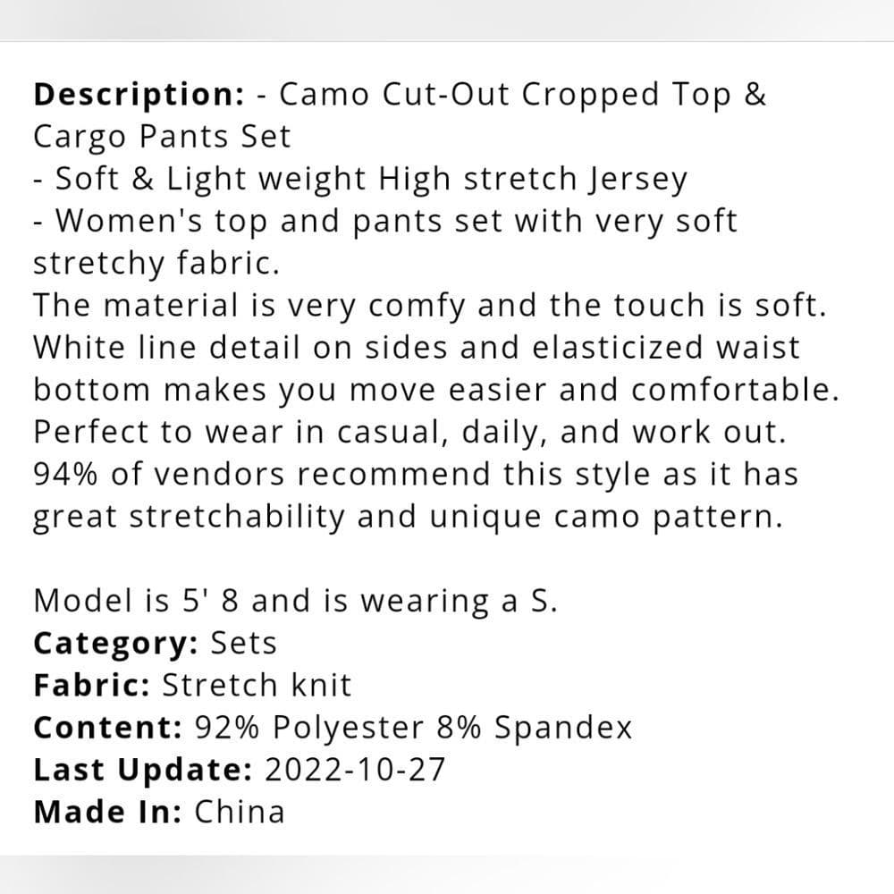 Camo Crop Top And Cargo Style Pant Matching Sexy 2 Piece Outfit - Thumbnail 5