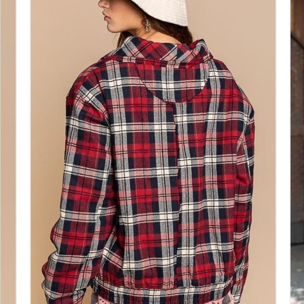 Red and Black Plaid Oversized Fit Frayed Quilted POL Jacket - Thumbnail 4