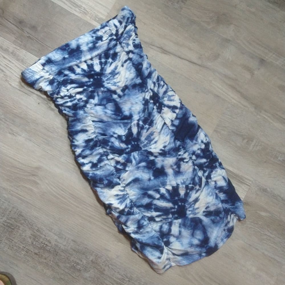Blue and White Tie Dye Strapless Body Con Dress - Thumbnail 2