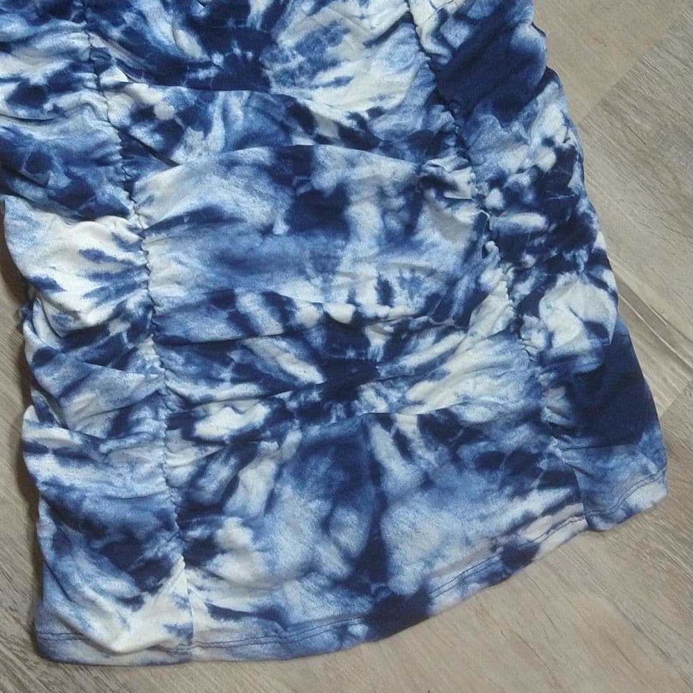 Blue and White Tie Dye Strapless Body Con Dress - Thumbnail 3
