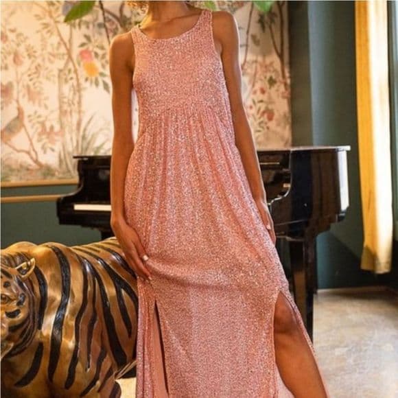 POL Elegant Blush Pink Sparkly Sequin Long Sleeveless Evening Dress - Thumbnail 16