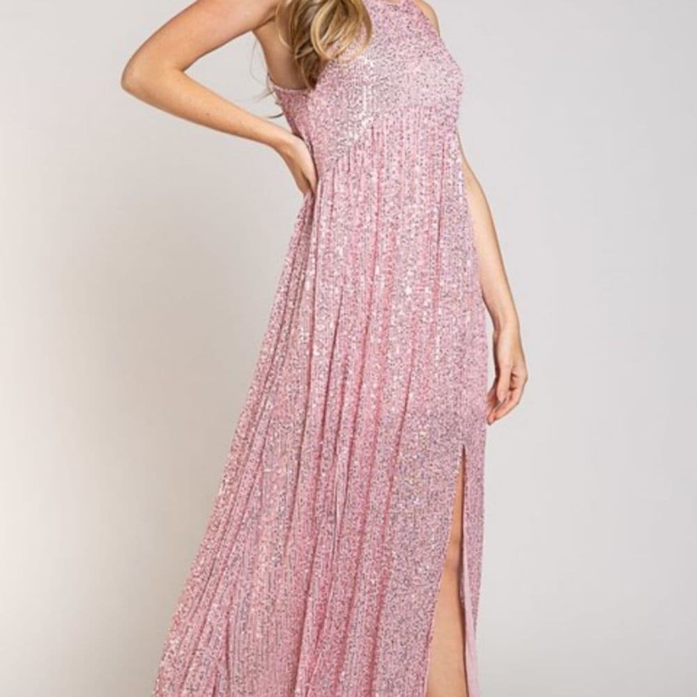 POL Elegant Blush Pink Sparkly Sequin Long Sleeveless Evening Dress - Thumbnail 4