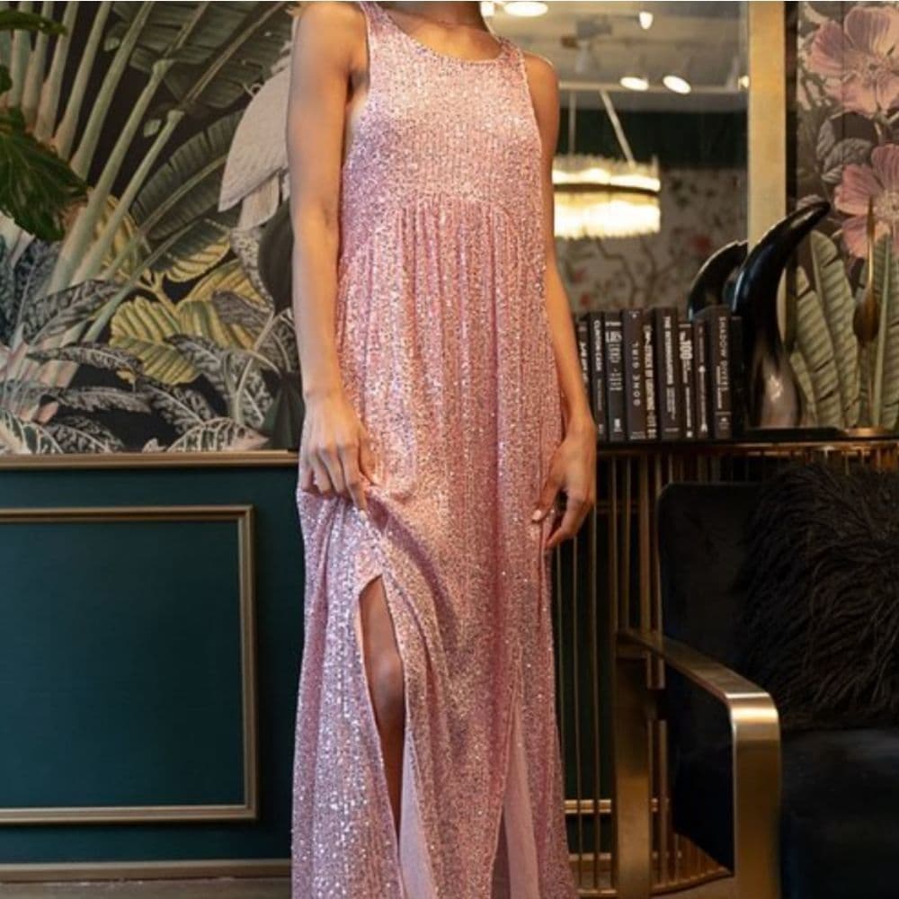 POL Elegant Blush Pink Sparkly Sequin Long Sleeveless Evening Dress - Thumbnail 2