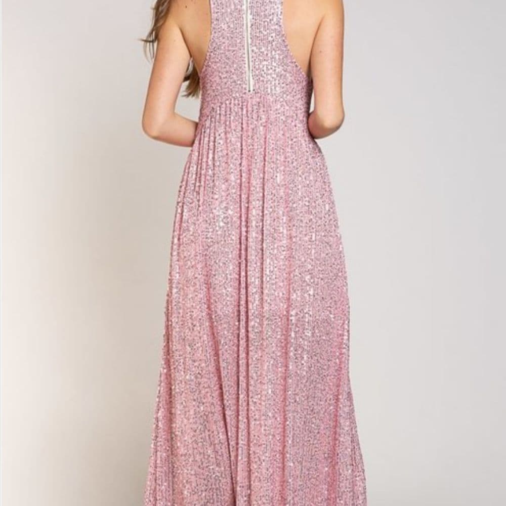 POL Elegant Blush Pink Sparkly Sequin Long Sleeveless Evening Dress - Thumbnail 5