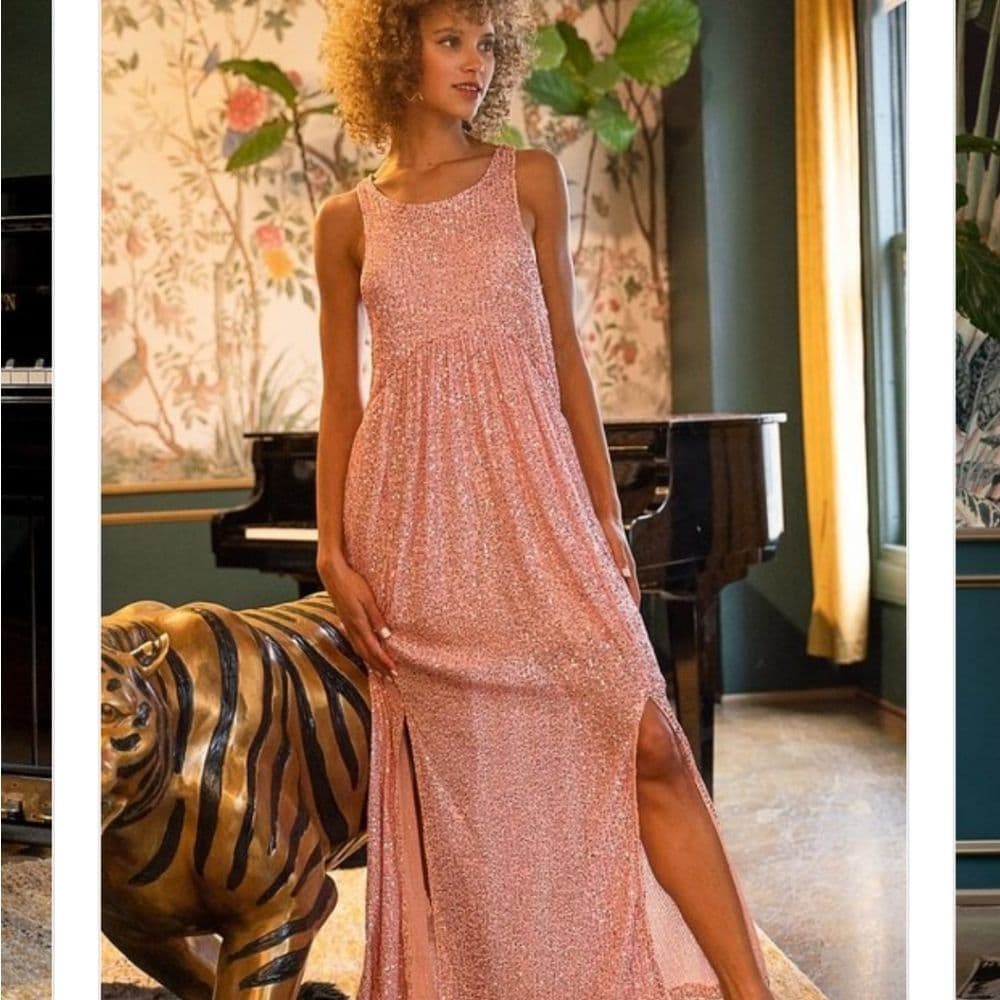 POL Elegant Blush Pink Sparkly Sequin Long Sleeveless Evening Dress - Thumbnail 3