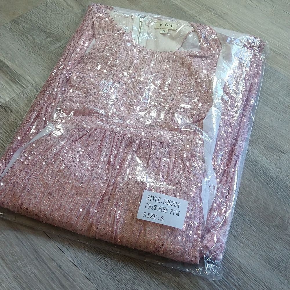 POL Elegant Blush Pink Sparkly Sequin Long Sleeveless Evening Dress - Thumbnail 14