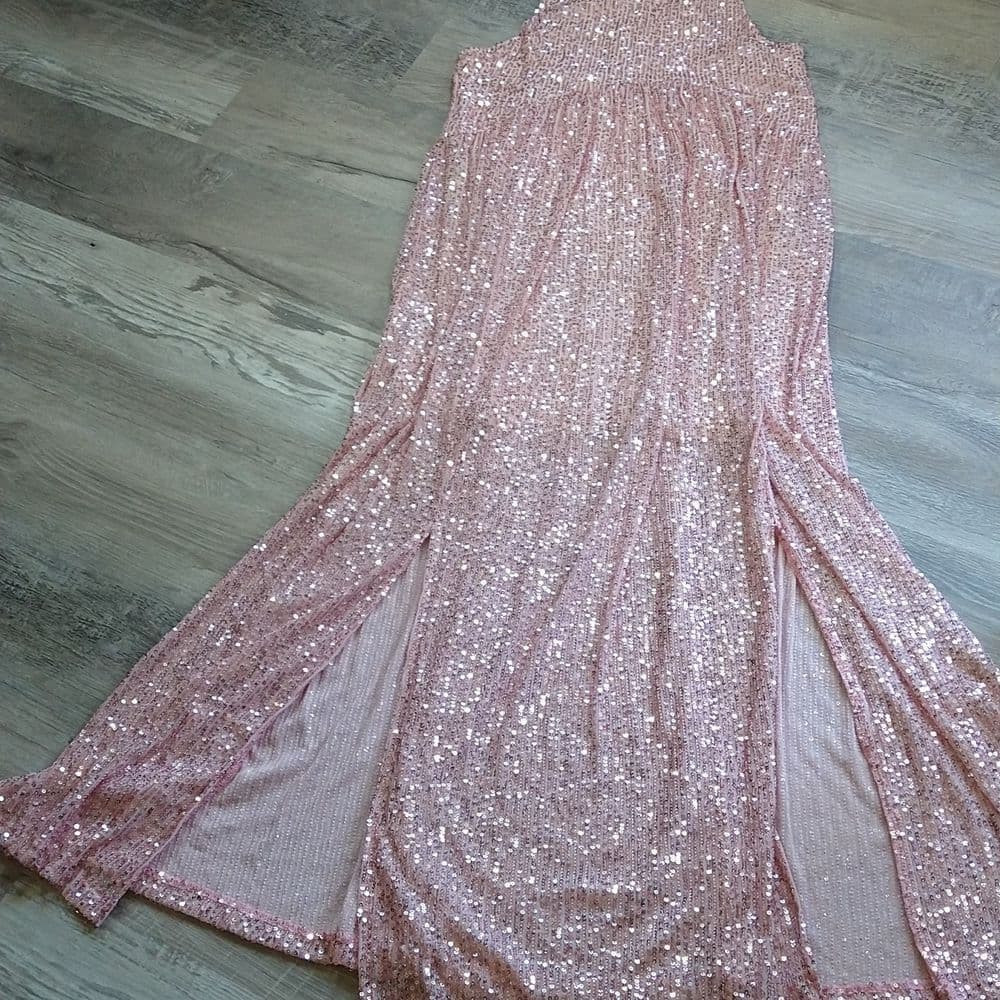 POL Elegant Blush Pink Sparkly Sequin Long Sleeveless Evening Dress - Thumbnail 7