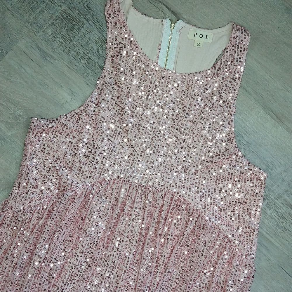 POL Elegant Blush Pink Sparkly Sequin Long Sleeveless Evening Dress - Thumbnail 10
