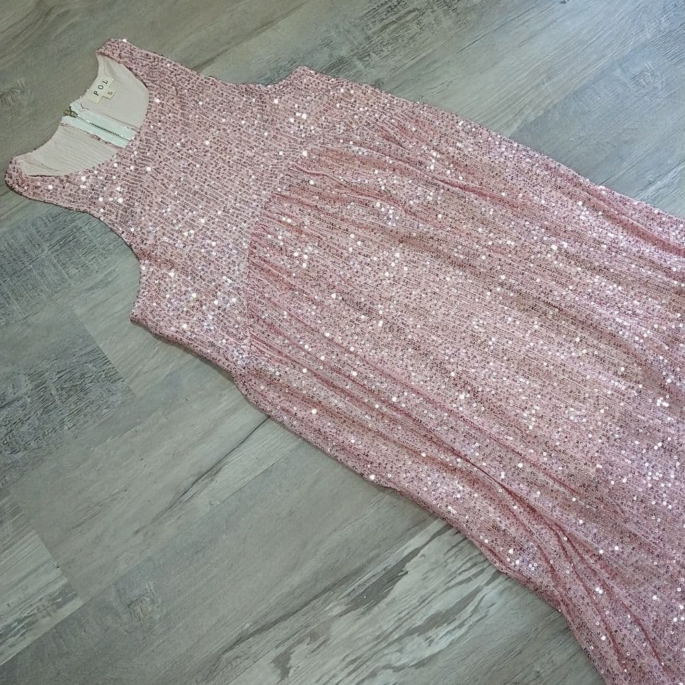 POL Elegant Blush Pink Sparkly Sequin Long Sleeveless Evening Dress - Thumbnail 8