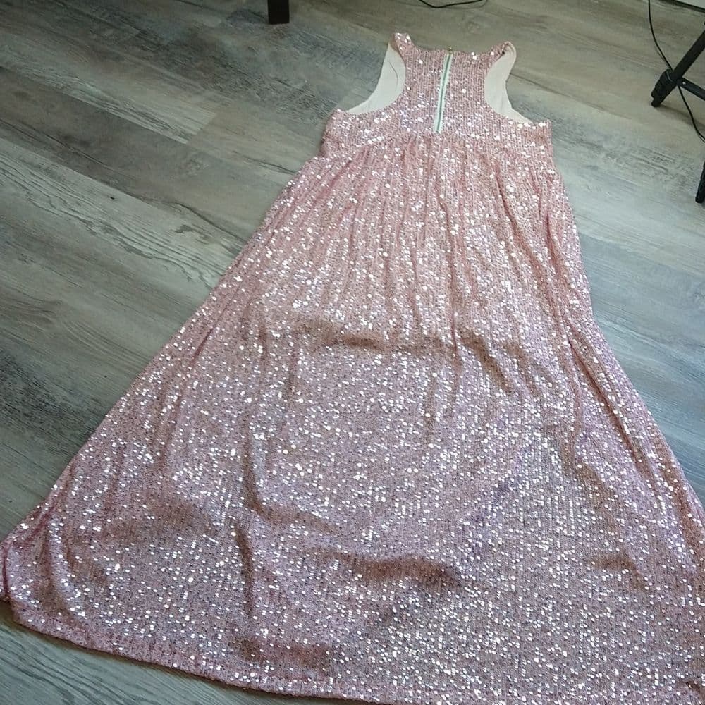 POL Elegant Blush Pink Sparkly Sequin Long Sleeveless Evening Dress - Thumbnail 13