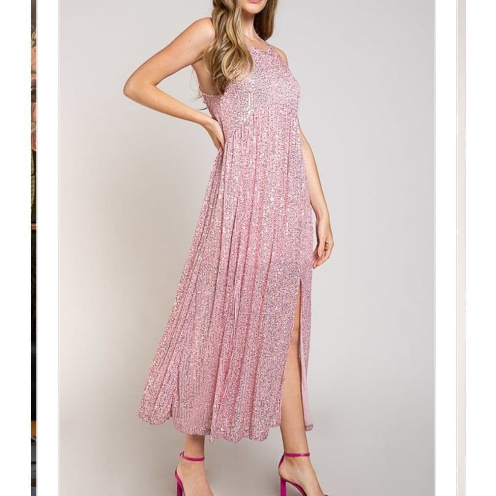 POL Elegant Blush Pink Sparkly Sequin Long Sleeveless Evening Dress