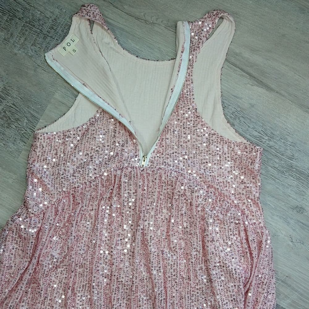 POL Elegant Blush Pink Sparkly Sequin Long Sleeveless Evening Dress - Thumbnail 11