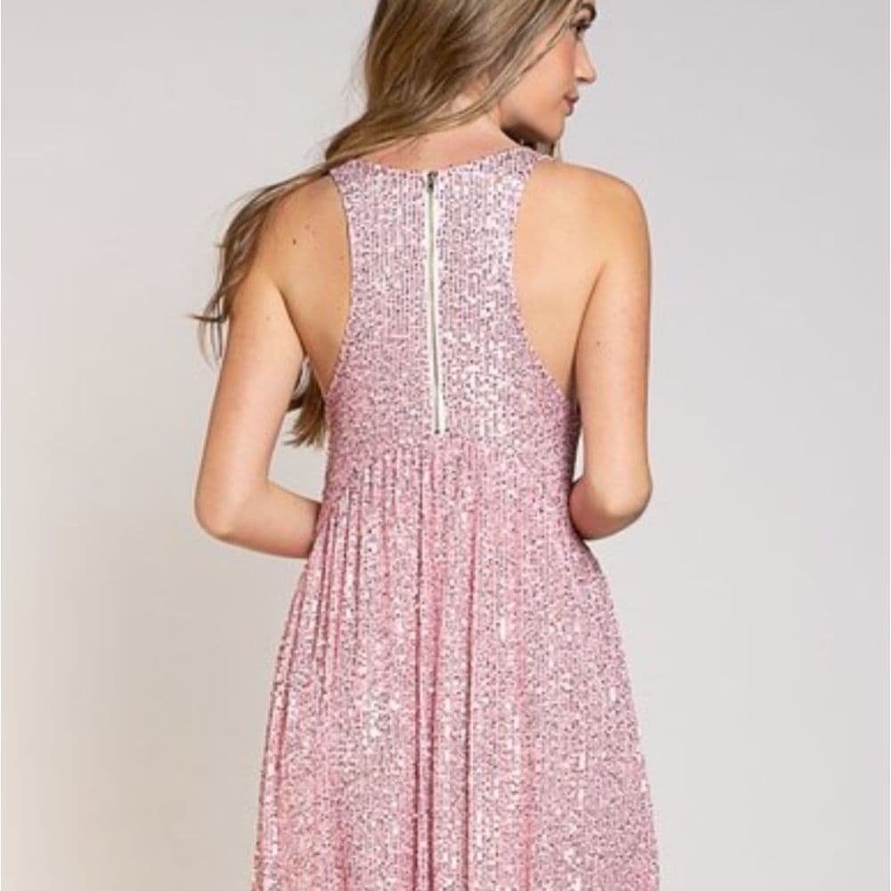 POL Elegant Blush Pink Sparkly Sequin Long Sleeveless Evening Dress - Thumbnail 6