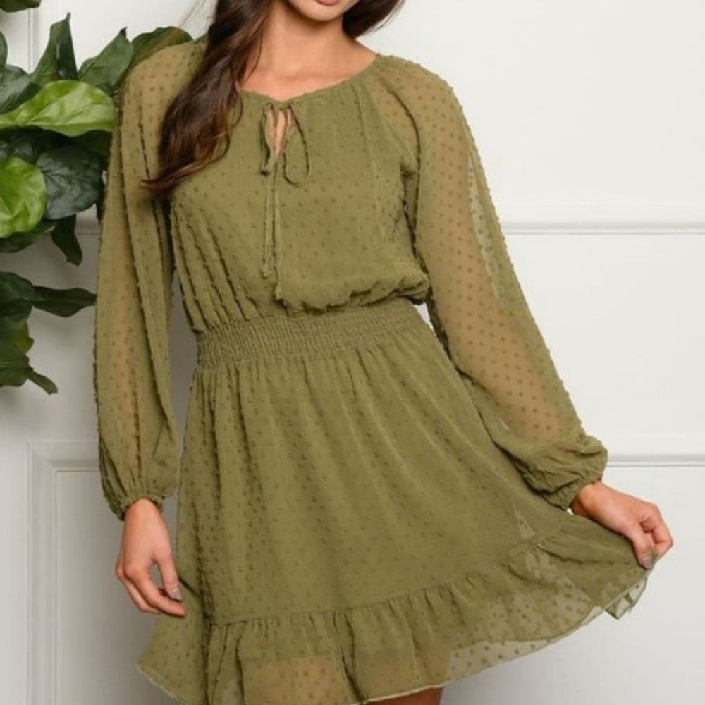 Green Swiss Dot Key Hole Long Sleeve Dress - Thumbnail 15