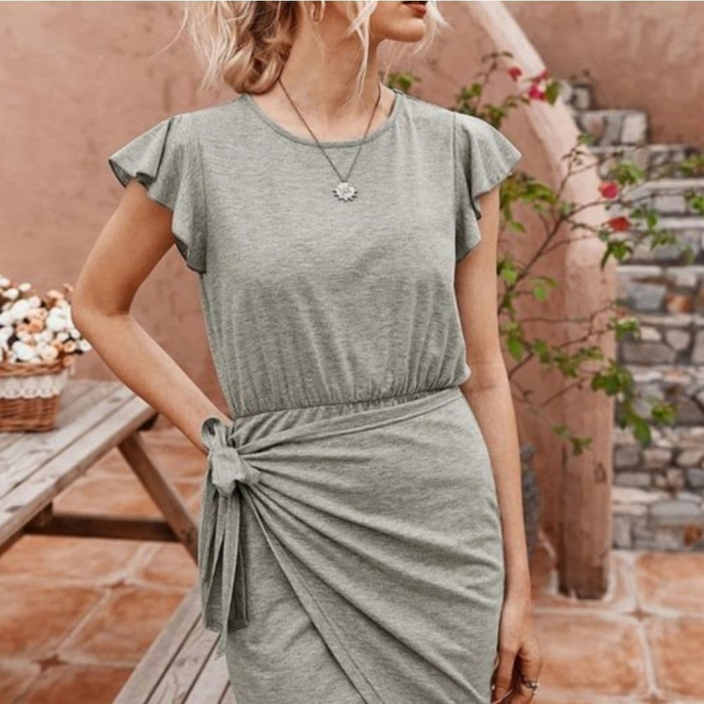 Cute and Casual Soft Stretchy Faux Wrap Ruffle Sleeve Dress