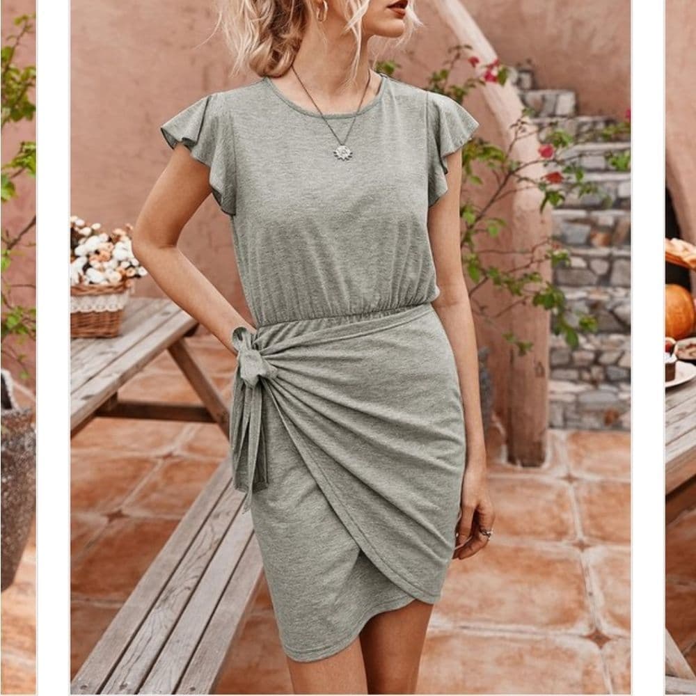 Cute and Casual Soft Stretchy Faux Wrap Ruffle Sleeve Dress - Thumbnail 12
