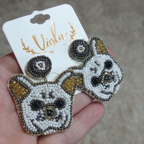 Seed Bead "Olivia" the French Bull Dog Dangle Earrings - Thumbnail 8