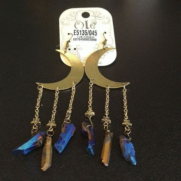 Oversized Dangle Moon and Star Tassel Coloured Quarts Dangle Earrings - Thumbnail 9