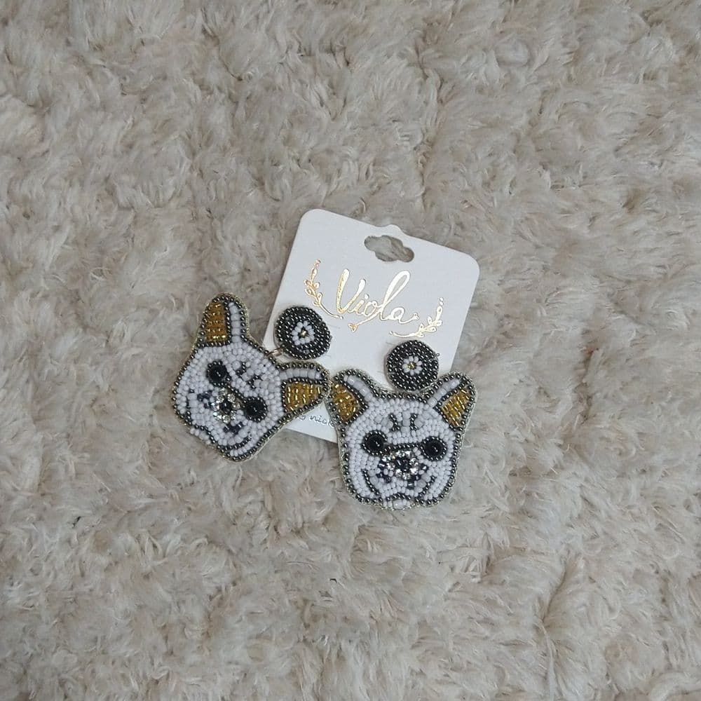 Seed Bead "Olivia" the French Bull Dog Dangle Earrings - Thumbnail 6