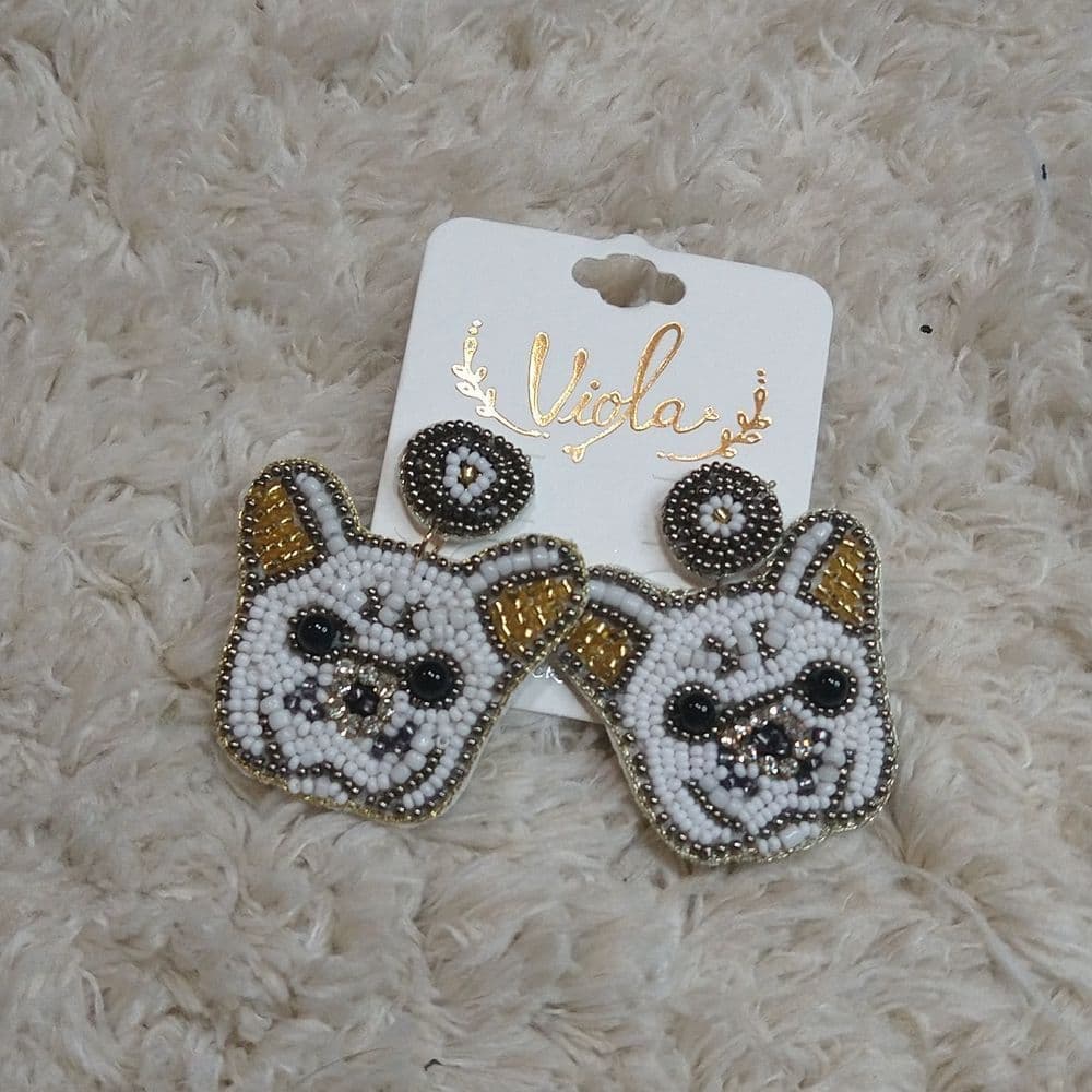 Seed Bead "Olivia" the French Bull Dog Dangle Earrings