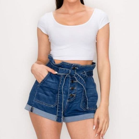 Plus Size Medium Wash Denim High Waist Button Fly Paper Bag Shorts with Tie Belt - Thumbnail 15